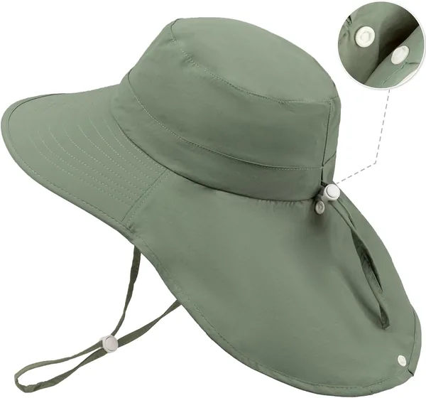Army Green Kids Sun Hat, Quick Dry Flat Top Cape Hat, Outdoor UV Protection Bucket Cap for 2-5Y & 5-10Y