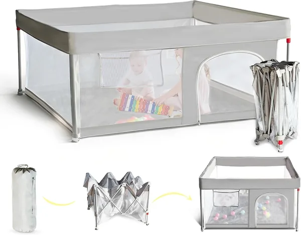 CHOLY 127 x 127 cm Falterndes Baby-Spielgel mit Matte, Spielplatz für Babys und Kleinkinder, Tragbarer Spielplatz mit Ozeanbällen, Quietsche
