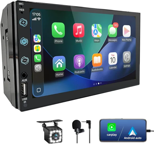 2 DIN Car Radio with Carplay and Android Auto Cable - 7 Inch Touch Screen with Rear Camera, Mirror Link, USB/AUX/FM, Suitable for 12V Vehicles