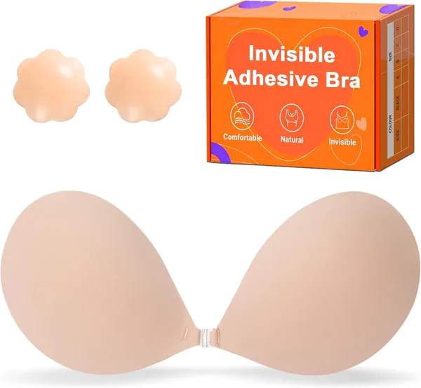 GKHWON Adhesive Bra Strapless Backless Invisible Push Up Sticky Bra with Silicone Nipple Covers Reusable