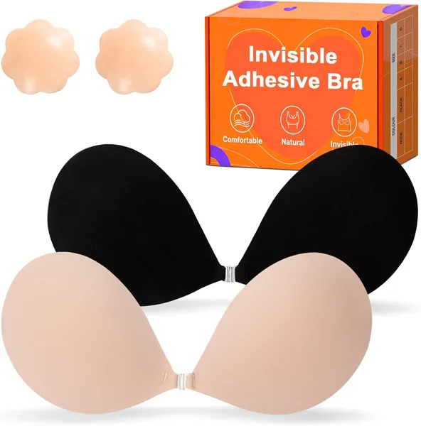 GKHWON Adhesive Bra Strapless Backless Invisible Push Up Sticky Bra with Silicone Nipple Covers Reusable