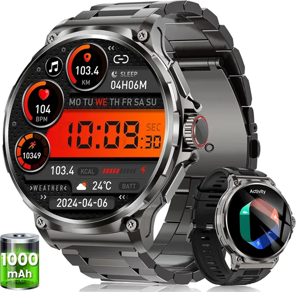 Smartwatch Militar con Batería de 1000 mAh, Pantalla AMOLED de 1.92 Pulgadas, Resistente al Agua 5ATM, Llamadas, 120+ Modos Deportivos - Ahorra 43%