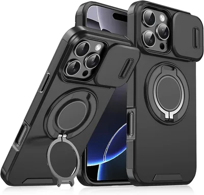 حالة Lumobrilla لـ iPhone 16 Pro Max مع غطاء كاميرا قابل للانزلاق وحامل بتصميم دوار 360 درجة ودرع حماية عسكري قوي - أفضل سعر