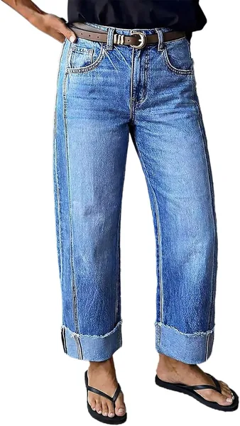 Flamingals Mid Rise Straight Leg Jeans for Women Wash Seam Front Roll Raw Hem Denim Pants Without Belt