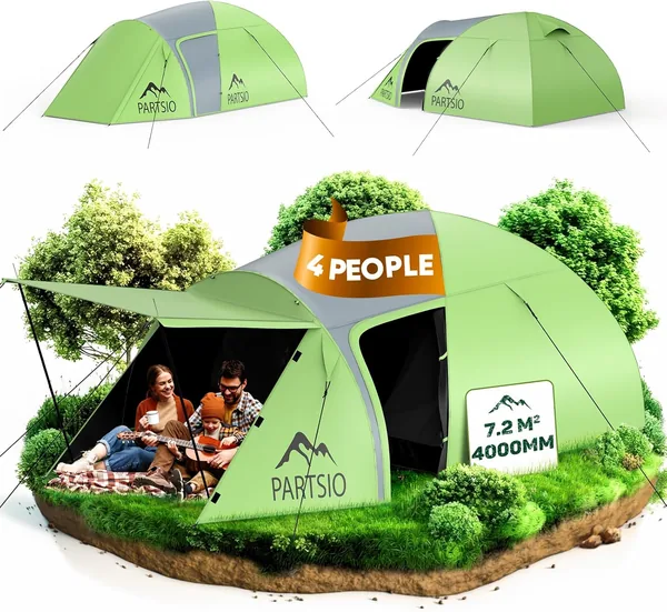 Camping Tent with Lobby Tent 3-4 People Waterproof 4000 mm Dome Tent Awning Removable for Trekking & Festival Family Tent