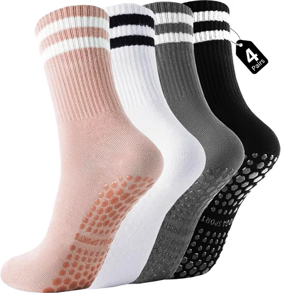 4 Pack Pilates Socks Women Non Slip, Grippy Yoga Grip Socks for Barre, Ballet, Dance, Barefoot Workout, Reformer