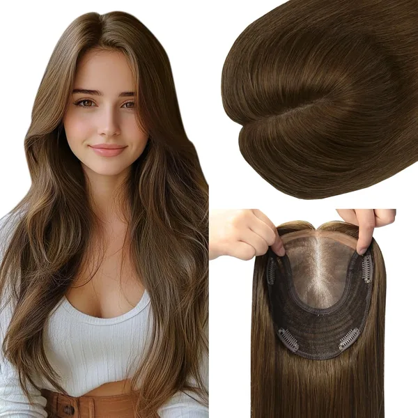 KOLALA HAIR Real Human Hair Toppers for Women 6x7 inch 150 Density Base 12 inch 55 grams Hair medium dark brown for Women with Thinning Crown (#4 12inch)
