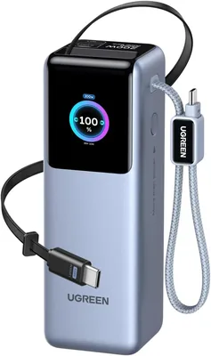 UGRENE Nexode 25000 mAh 200W Power Bank Pantalla Inteligente | Cable Retráctil Integrado, Batería Externa con Carga rápida