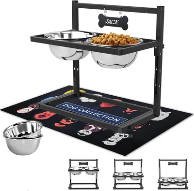 Cuencos Elevados para Perros, Comedero Ajustable para Perro y Gato, Soporte Metálico con 3 Alturas, Plato para Mascotas