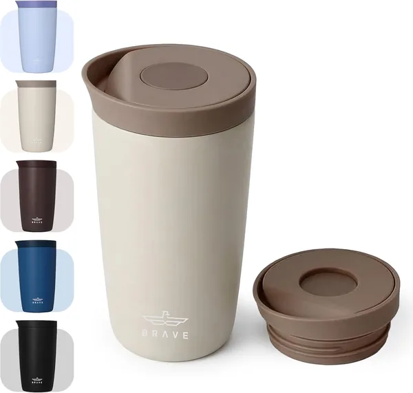 BRAVE TempGuard Insulated Travel Mug 350ml | Stainless Steel Thermal Coffee Cup with One-Touch Push Button Lid | Double Wall Vacuum Flask Keeps Hot 8H & Cold 24H - Beige
