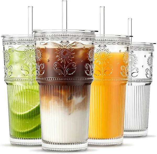 INSETLAN 20 oz Sunflower Glass Cups with Lids and Straws, Set of 4