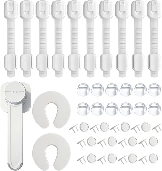 Baby Proofing Kit 50 PCS - Child Safety Cabinet Locks, Outlet Covers, Corner Guards, Door Stopper & Toilet Lock