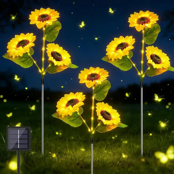 DAZZTIME Solar Lights for Outdoors, 3 Pieces Decorative Solar Sunflower Lights