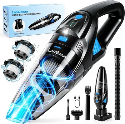 LanOcean Aspiradora Manual Potente con Estación de Carga, 25000Pa Aspiradora para Coche con Iluminación LED | 2 Filtros HE Lavables
