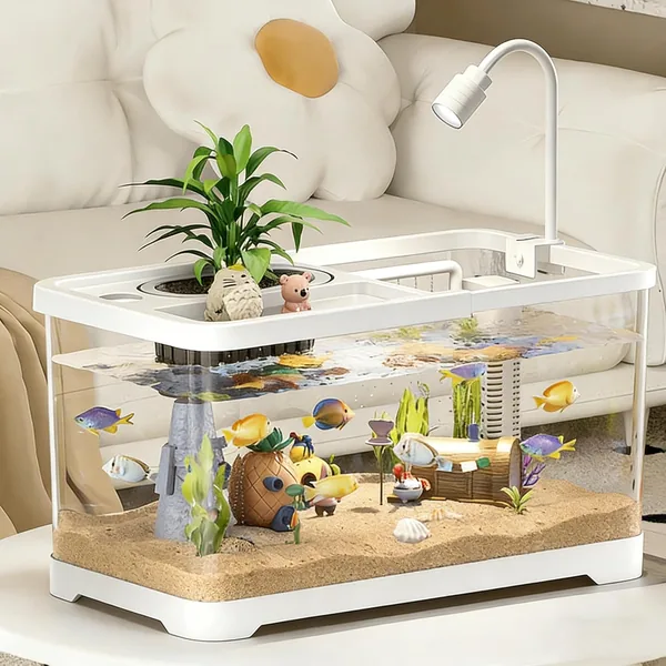 Fish Tank, Aquarium Starter Kits with Water Filter Pump, LED Light and Planter