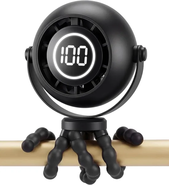 POPERFUN Baby Pram Fan mit LED und Batterieanzeige, Stroller-Lüfter 3 Geschwindigkeitsstufen, 360° drehbar, Batterie-Lüfter für Kinderwagen, CA
