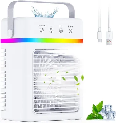Aire Acondicionado Portátil de 900ML, Mini Refrigerador de Aire con 3 Modos de Nebulización + 3 Velocidades de Flujo, Temporizador de 2/4/6H, Luz LED Colores y USB, 10W L