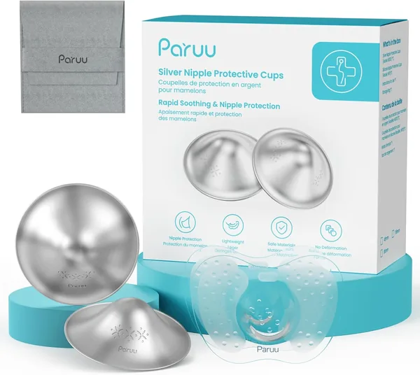 Paruu Silver Nursing Cups | 999 Silver Nipple Shields for Breastfeeding with Silicone Nipple Covers, IBCLC Recommended, Soothe Sore Nipples, Reusable Nipple Protectors for Newborns - Various Sizes, 2-5 Packs