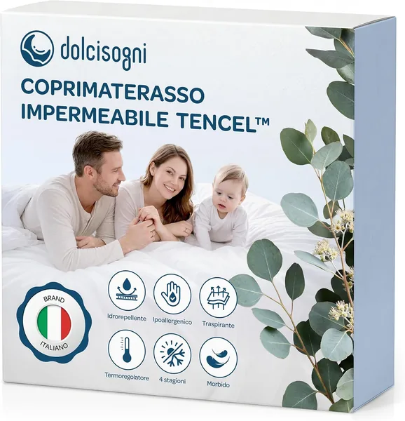 Dolcisogni Waterproof Mattress Protector in Natural Fibre Tencel - Anti-Dust Mite and Hypoallergenic Mattress Protector - Breathable and Temperature Regulating - Double Mattress Co