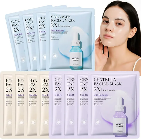 12 Pcs Essence Hydrating Sheet Face Mask Set Korean Collagen Vegan Face Mask Skincare for Deep Hydration Brightening