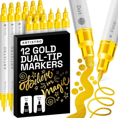 ARTISTRO 12 Gold Dual-Tip Acrylvattensmarkerer - Set med Dot & Fyn Tips för Tekniska Tekter på Materialer som Textil, Fönster, Glas och Trä