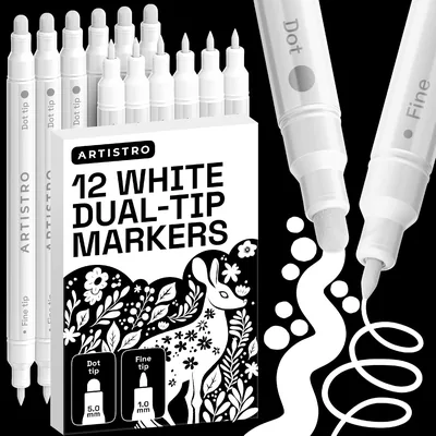 ARTISTRO 12 White Dual-Tip Acrylfarbmarkera - Set med Dot & Fintippar för Fabric, Rock, Glass, Wood, Colorin Best Deal