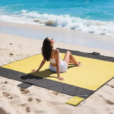 NHOWIN Strandmatte, Super Groß 200 x 210 cm Stranddecke Sandfrei | Wasser- und winddicht: mit 3 Taschen und 4