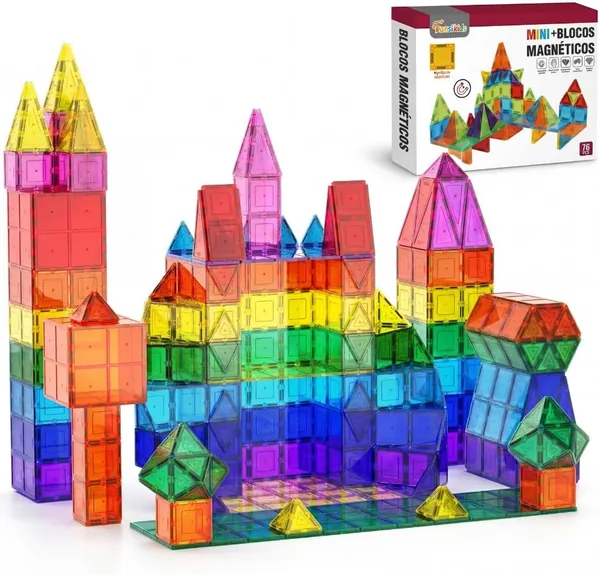 Blokos Magneticos Infantil de Montar 76 Peas, Brinquedo Educativo Constru o Infantil 2D, 3D, Jogo Pedag gico para Coordena o Motora, Racioc nio L gico, Criatividade e Aprendizad