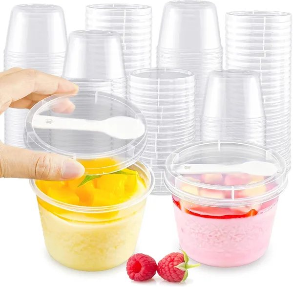 TGIYK 8oz Plastic Dessert Cups with Lids and Spoons, Clear Parfait Cups for Party, Mini Round Dessert Cups for Pudding, Jello, Yogurt, Ice Cream, Fruit, Milkshake, 25 Pack