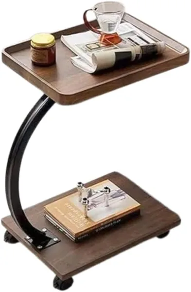 C-Shaped End Table with Swivel Top, Lockable Wheels, Sliding Small Side Table for Couch or Bed, Versatile TV Tray Table for Living Room