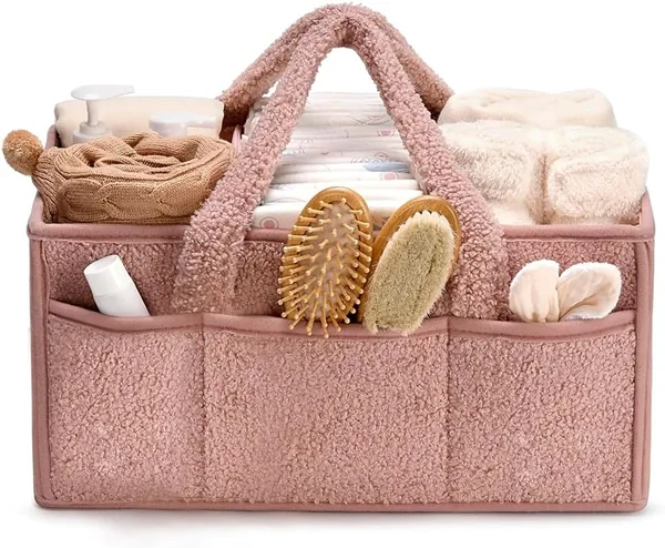 Diaper Caddy Organizer Plush Sherpa Storage Basket with Dividers