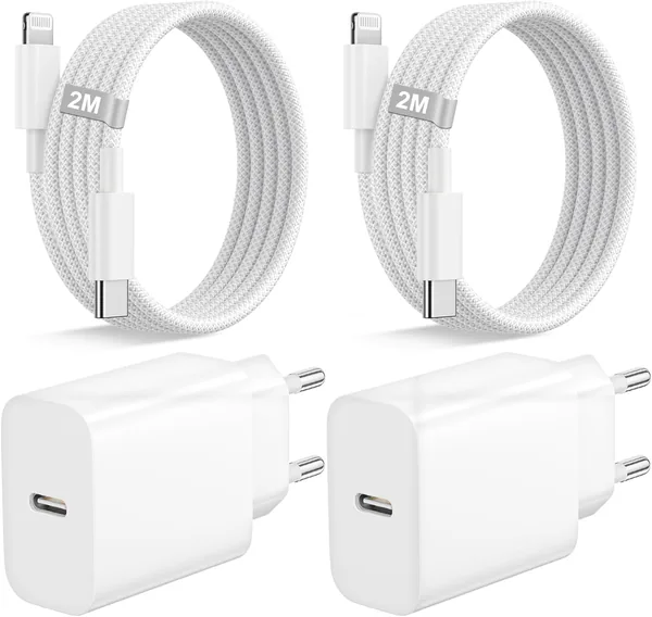 Chargeur rapide iPhone 25W x 2 avec câbles Lightning 2m en nylon tressé [Certification MFi], adaptateur chargeur USB C vers Li