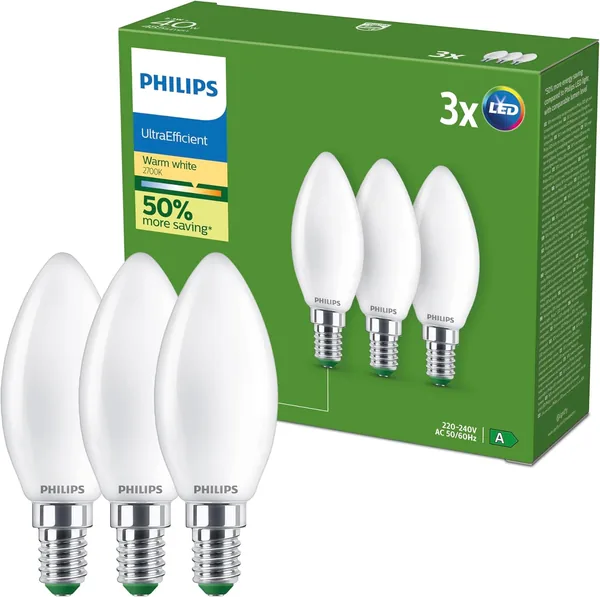 Philips UltraEfficient LED Bulb, Pack of 3, B35, E14, 485 Lumens, 40 W, Energy Saving, EyeComfort, Long Life, Warm White Light 2700K, Classic Design, Frosted