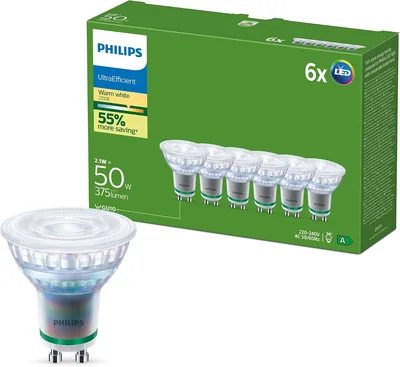PHILIPS Ultra Efficient Spotlight LED Bulb, GU10, Pack of 6 | Warm White Ambiance Light, Long Life, 
