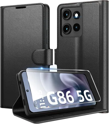 Cover Protezione per Motorola Moto G86 5G in Pelle Sintetica Premium con Vetro Temperato, Nero - Sconto 5%