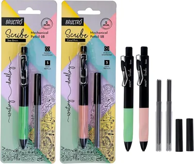 BRUSTRO Scribe Mechanical Pencil 2B - Set of 2 (Coral Pink & Sea Green) with Sharpener & Extra Leads