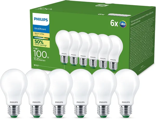 Philips UltraEfficient LED Bulb, Pack of 6, A60, E27, 1535 Lumen, 100W, Energy Saving