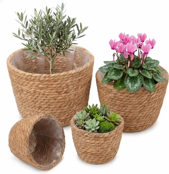 Hand Woven Planter Basket: 4 Pack Plant Pots with Waterproof Plastic Liner