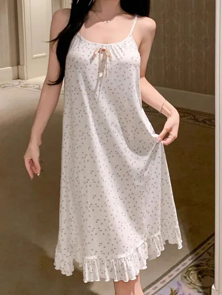 Womens Nightgown Pajamas Sleep Dress Spaghetti Strap Lounge Dress Summer Nightwear Bow Detail Ruffle Hem Floral