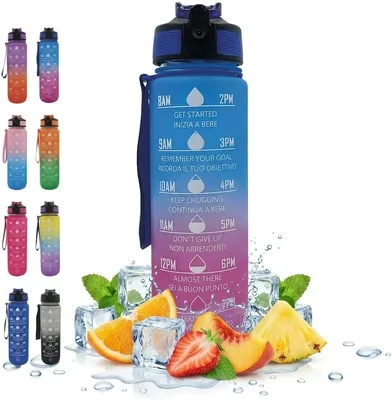 NelQuieOra 1L Bottiglia Motivazionale con Indicatore di Tempo, Becco a Scatto, Antigoccia, Fascia in Tessuto, Gym Sport Viaggio Scuola (B