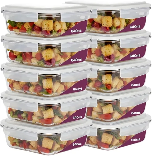 Kit 10 Potes de Vidro Borossilicato Retangular 640ml Marmita Com Tampa Herm tica 4 Travas Resistente Livre de BPA Ideal para Conserva o de Alimentos Freezer Micro-ondas Lava-lou a