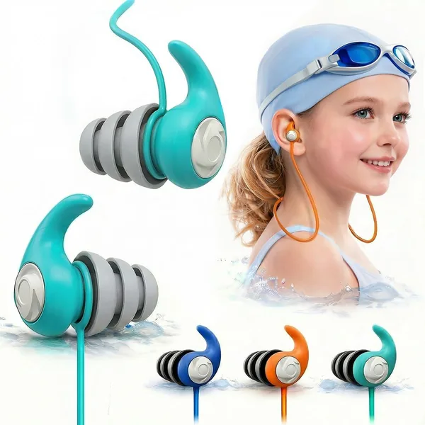Plughi per le orecchie da nuoto per bambini (4-12 anni) - 3 paia in silicone impermeabile con cordino staccabile, riutilizzabili per piscina o mare