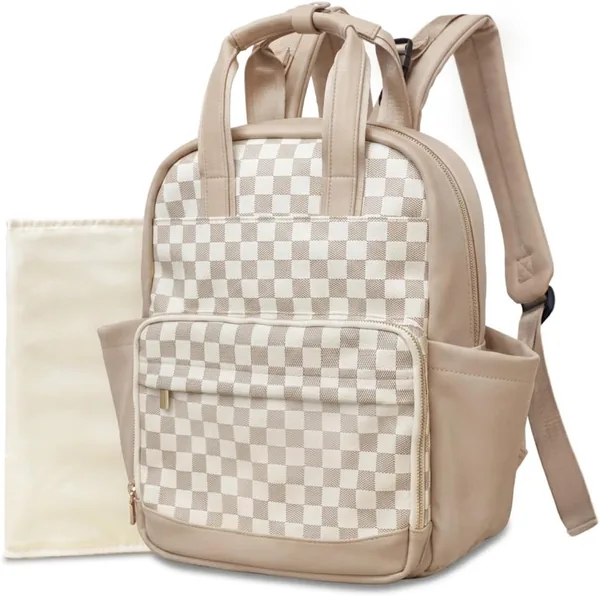 MISS FONG Small Diaper Bag Backpack - Compact Baby Diaper Bag with Changing Pad Checkered Leather