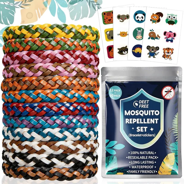 Camping Accessories Mosquito Repellent Bracelet Set - 12 Mosquito Bracelets + 60 Mosquito Plasters