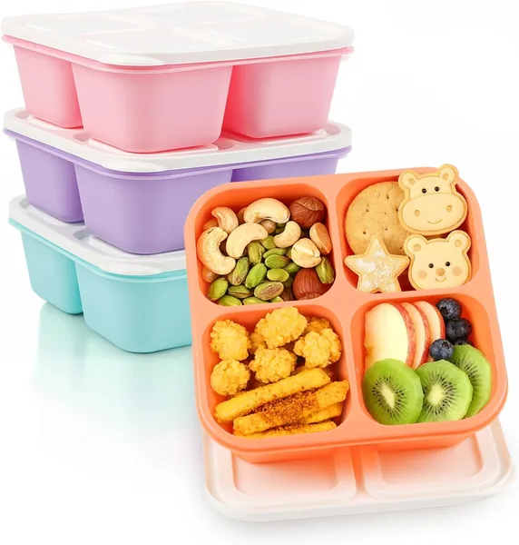 RUENVUE Bento Box Adult Lunch Box- 4 Pack,4 Compartment Snack Containers Reusable Meal Prep Stackable BPA-Free Lunch Containers for Home, Work, Travel (4 Color)