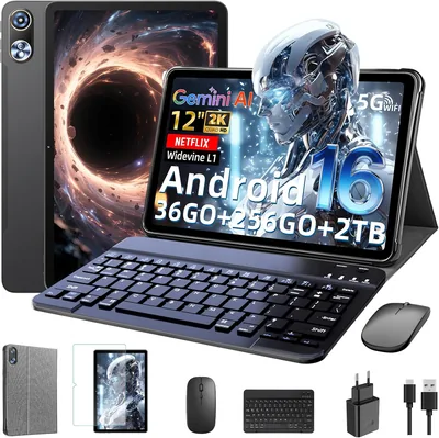 Tablette 12 pouces avec clavier, Android 16 avec AI Gemini, 36 Go RAM + 256 Go ROM (2 To TF), écran HD 2000 x 1200 90 Hz, Octa-cœur - 5% de réduction