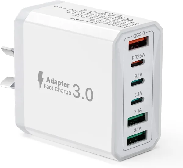 USB C Fast Charger, 6-Port USB Charger Plug with Three PD USB-C Ports and QC3.0 USB-A Fast Charging 