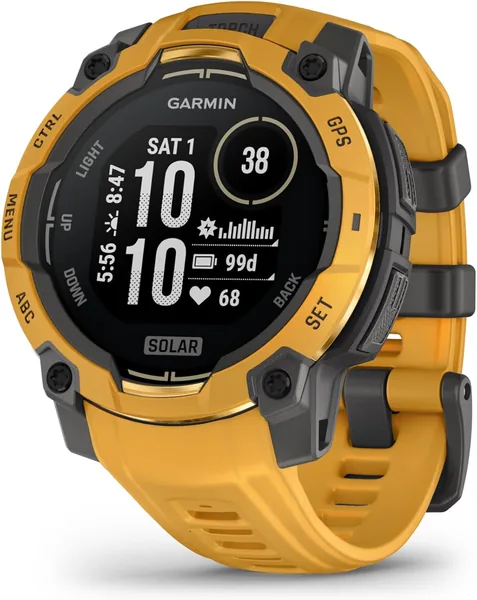 Garmin Instinct 3 - 45 mm, Solar, Rugged Outdoor GPS Smartwatch, Built-in Flashlight, Alpine Rush Collection Limited Edition Color: Sunburst with Sunburst/Gray Band