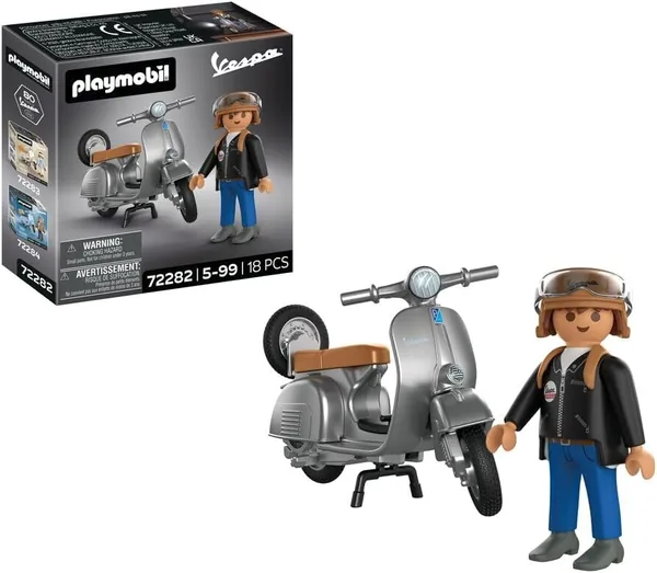 PLAYMOBIL Vespa 80. Jubiläums-Edition: Originalstil mit Silberner Retro-Optik, Figur, Helm und Aufklebern
