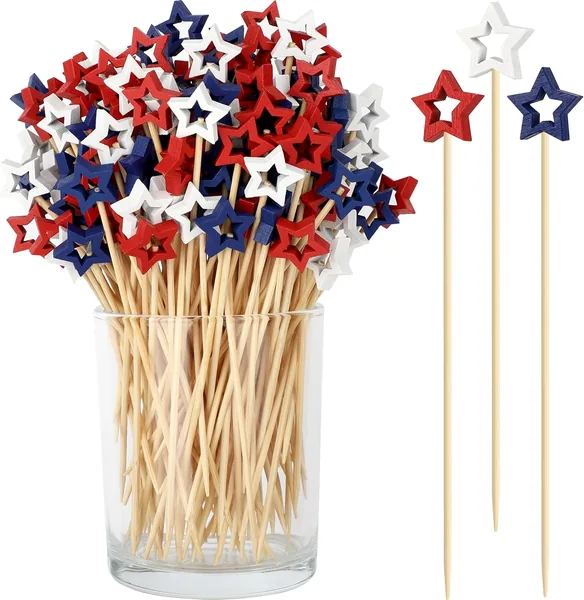 4th of July Cocktail Picks, Red White Blue Star Toothpicks for Appetizers Food Drinks